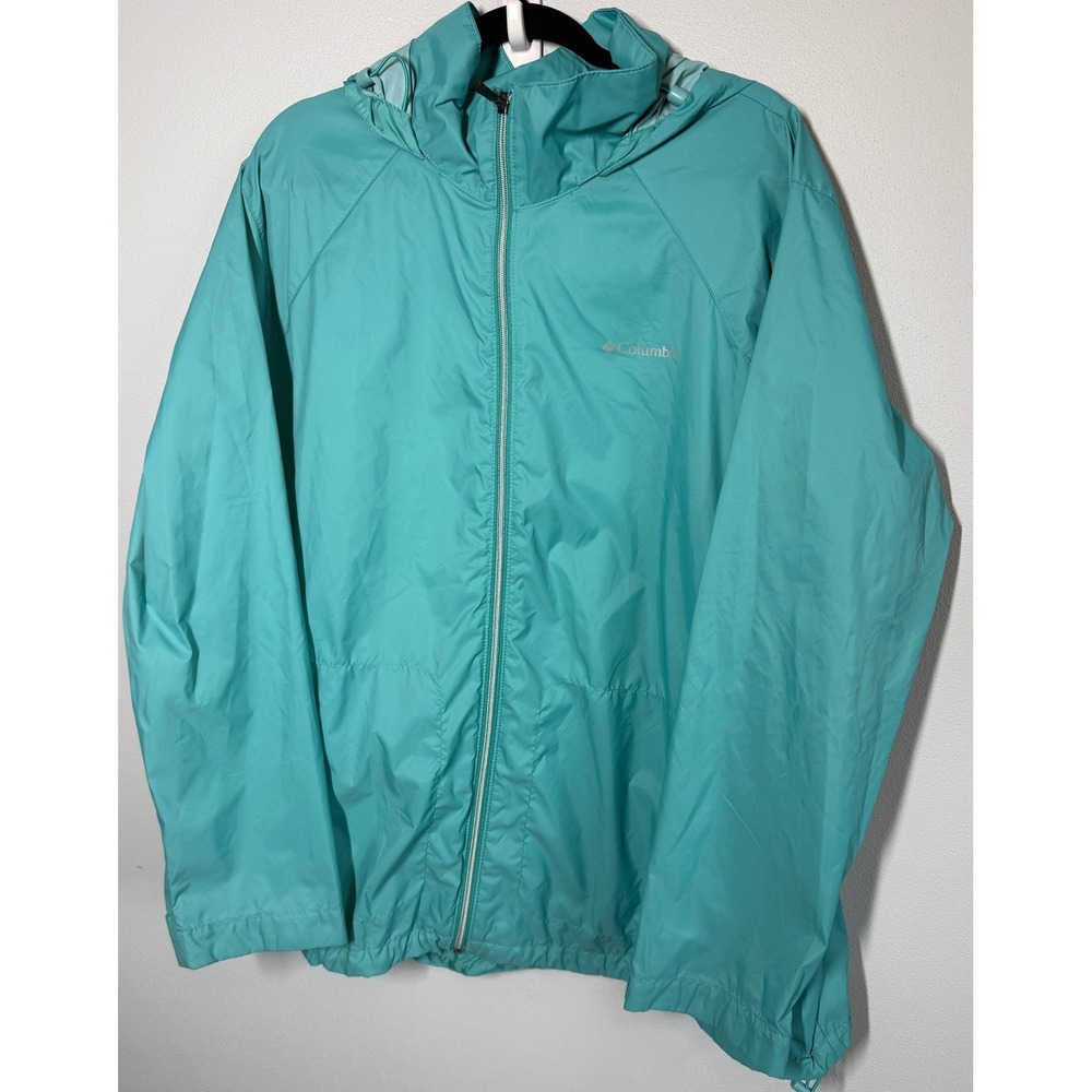 Columbia Womens Jacket 3X Teal Hooded Full Zip Windbreaker Gorpcore Hiking Rain
